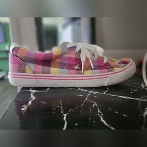 Sperry Pink and Yellow Plaid Sneakers